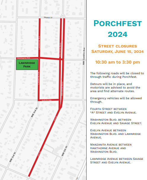 PorchFest of Grants Pass: Music, Community, and Philanthropy – Road Closures on June 15th